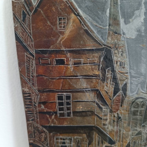 Decorative slate plaque with handmade engraving, French urban scene, like new