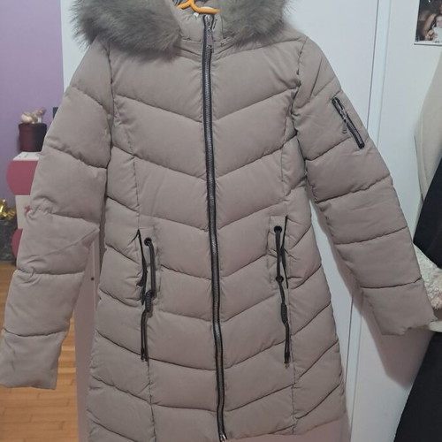 Quilted jacket with hood and fur trim like new, beige taupe