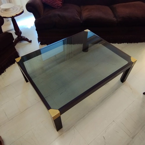 Varagkis walnut coffee table like new with brass details and smoked glass