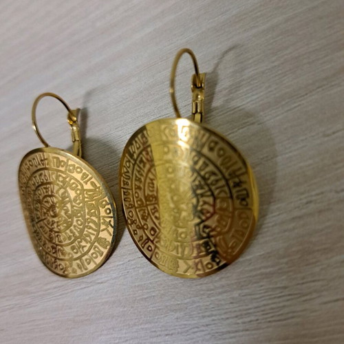 Steel earrings new, gold-colored Phaistos disc design