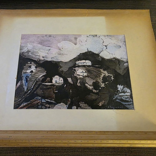 Painting Dimitris Tiniakos like new, Chinese black ink and color, Cyclades landscape