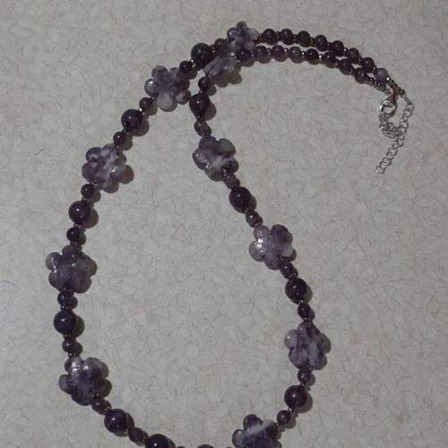 Necklace with rare lepidolite shaped as flowers and round stones, silver 925