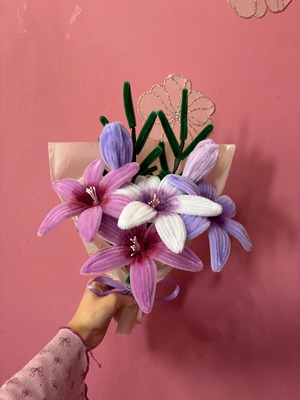 Handmade bouquet with purple lilies and tulips like new