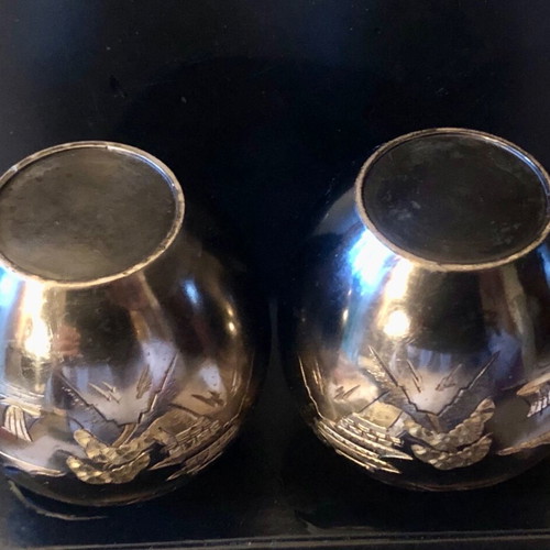 Set of 2 old Japanese metal Mt.Fuji vases used