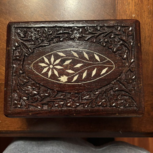 Handmade carved wooden jewelry box like new with velvet lining
