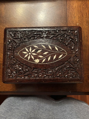 Handmade carved wooden jewelry box like new with velvet lining