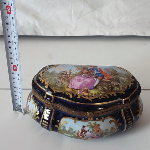 Sèvres Style Porcelain Jewelry Casket, Cobalt Blue with Gold