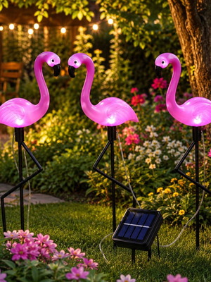 Solar flamingo garden lights set of 3, new