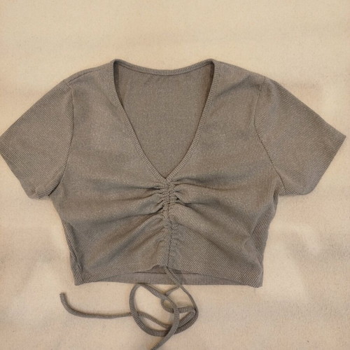 Bershka rib crop top gray like new with ruching and drawstrings