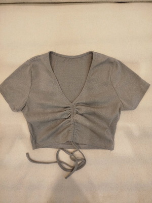 Bershka rib crop top gray like new with ruching and drawstrings