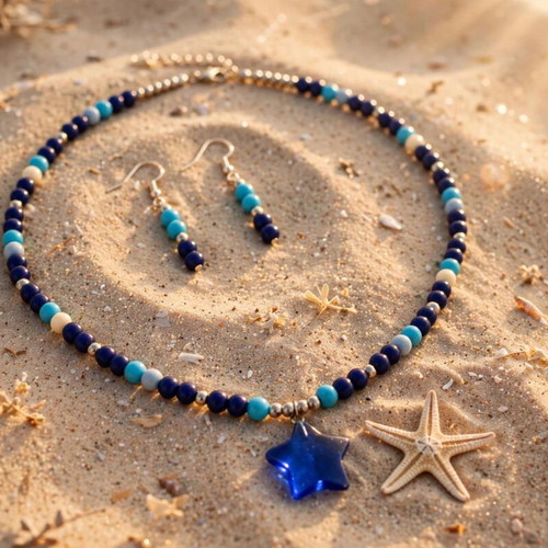 Handmade blue summer necklace and earrings set new