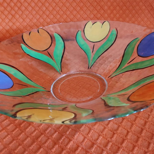 Glass platter used with painted tulips
