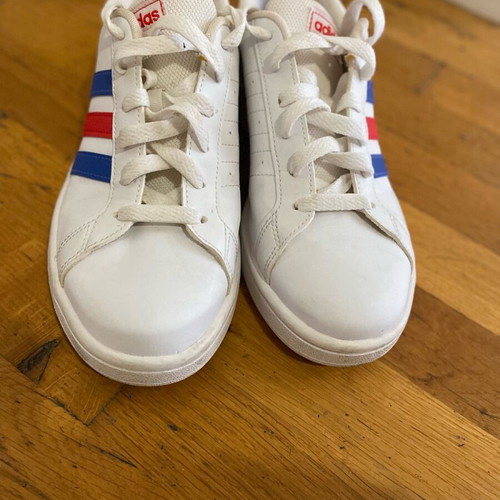 Adidas sneakers used, size 38.5, white with blue and red stripes