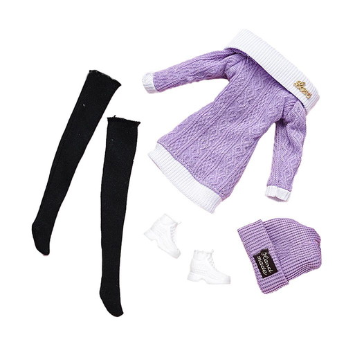 Purple knitted doll dress with hat, socks and white boots new