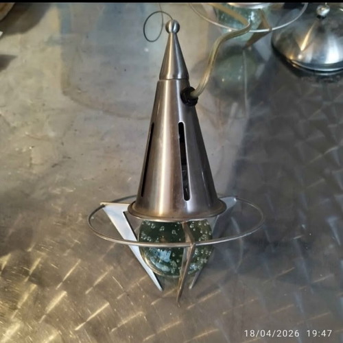 Apollo Rocket pendant lights used, metal frame with seeded glass spheres