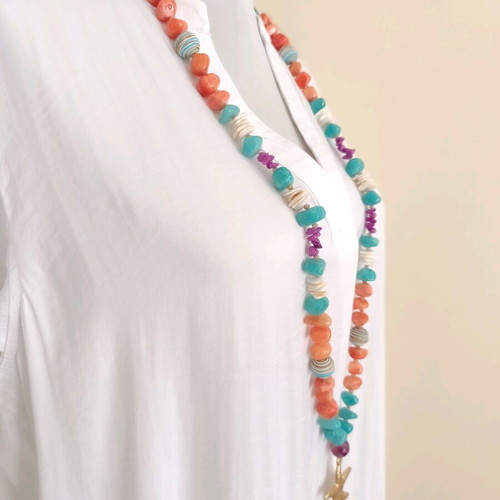 Long summer necklace with starfish, shells & semi-precious stones