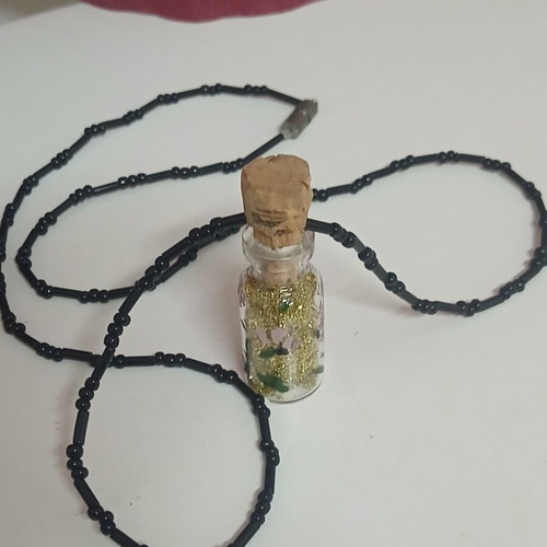 Handmade pendant glass bottle with gold glitter and beaded chain