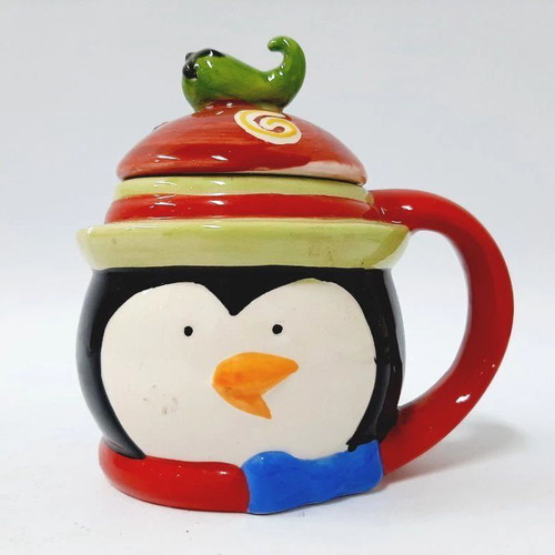 Vintage Glazed Ceramic Mug with Lid Hand Painted Penguin Design