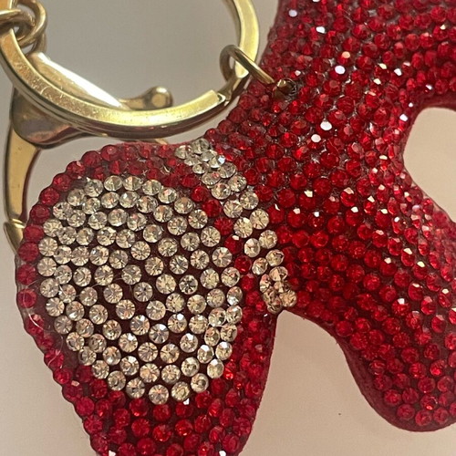 Keychain with rhinestones like new, red with dog design
