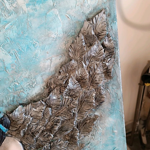 Canvas painting with handmade clay wings, new, 0.80×0.60 m