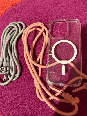 iPhone 16 Pro case with pink gray strap like new