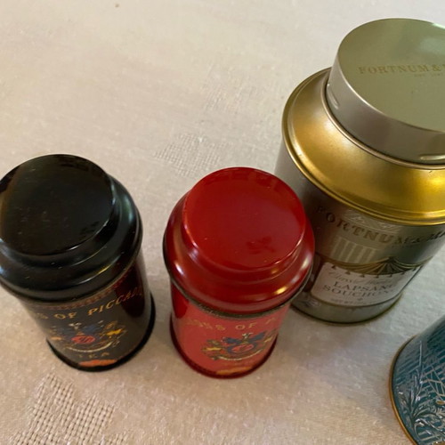 Metal tea tins used, pack of 7, Fortnum & Mason, Jacksons, Dammann frères