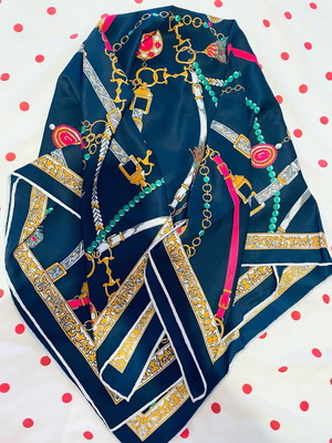 Large square satin scarf like new, dark blue with multicolor pattern