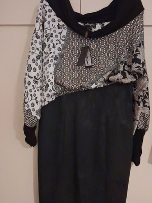 Vintage off shoulder dress Lucifair, like new, size 50, black multicolor
