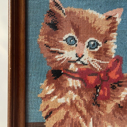 Vintage Handmade Needlepoint Embroidery Framed Cat with Bow used