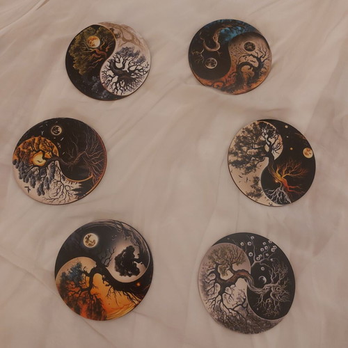 Tree of Life Yin Yang Wooden Coaster Set of 6 like new