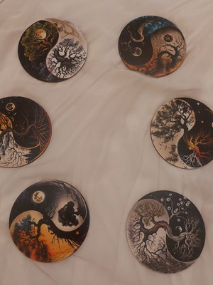 Tree of Life Yin Yang Wooden Coaster Set of 6 like new