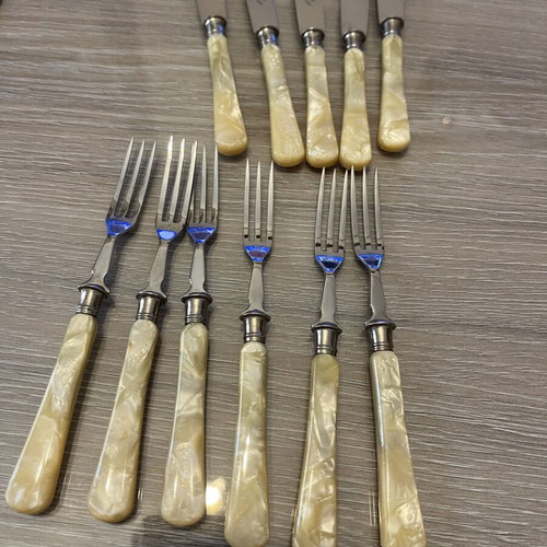 Cutlery set with mother pearl handles, 5 knives and 6 forks, used, vintage