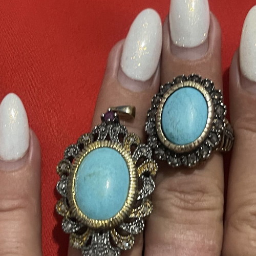 9k gold and 925 silver ring and pendant with diamonds and turquoise, vintage