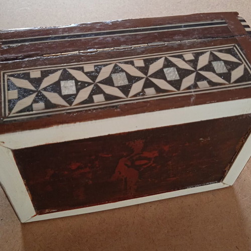Wooden box with geometric decoration and velvet lining, like new