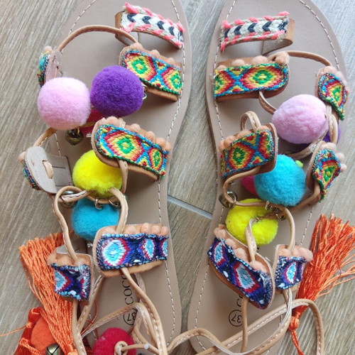 Boho chic festival sandals with pom poms, size 37