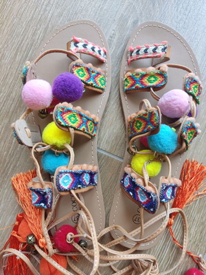 Boho chic festival sandals with pom poms, size 37