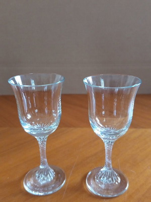 Vintage glass liqueur glasses with embossed twisted stem, pair