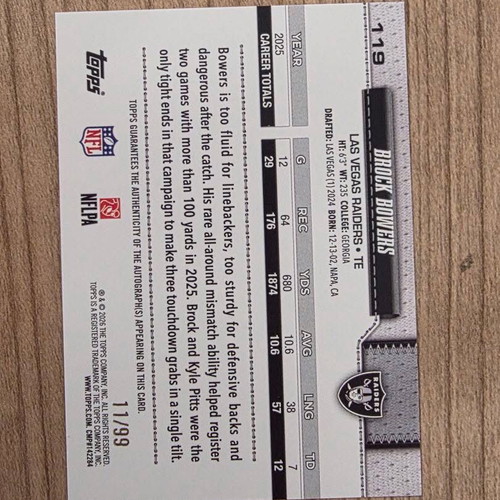 2026 Topps Flagship Football Brock Bowers Green Auto /99 Raiders