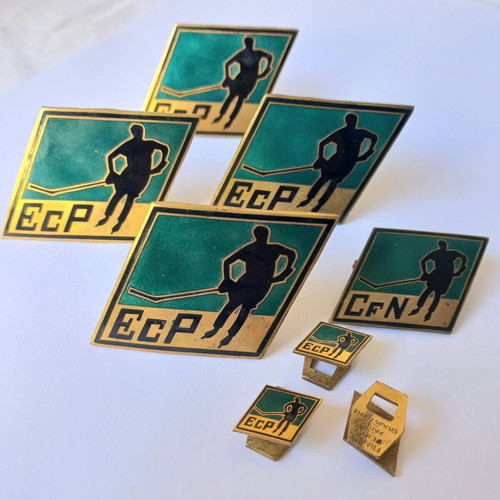 Set of vintage sports enamel pins with ice hockey theme, used