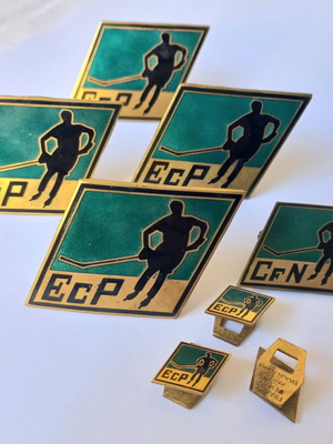 Set of vintage sports enamel pins with ice hockey theme, used