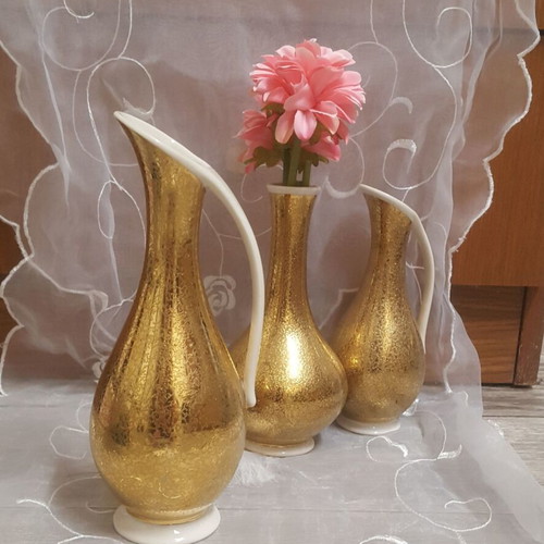 Royal Porzellan Bavaria KM 22kt Gold Porcelain Vase Set of 3 like new