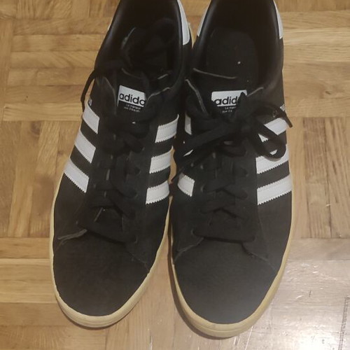 Adidas Campus sneakers used, black with white stripes, size 46.5