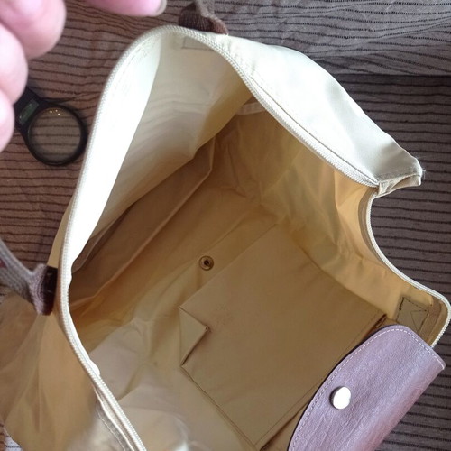 Foldable shopping bag, beige and brown, waterproof material