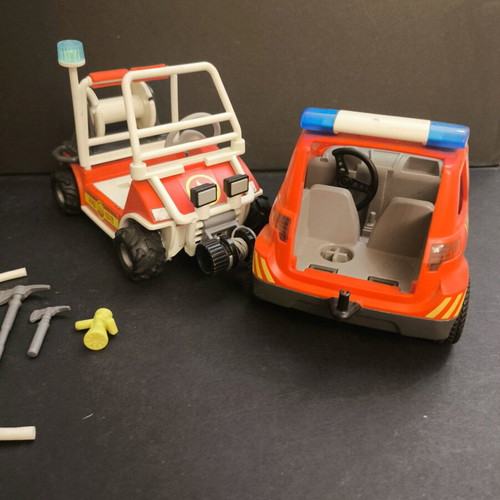 Playmobil mobile fire unit and small fire truck used with missing parts