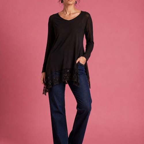 Spiga black wool blouse with lace detail, like new, size L-XL