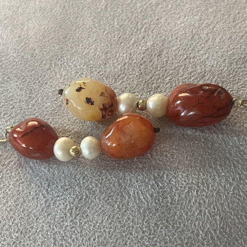 Handmade Long Earrings with Natural Carnelian and Freshwater Pearls like new