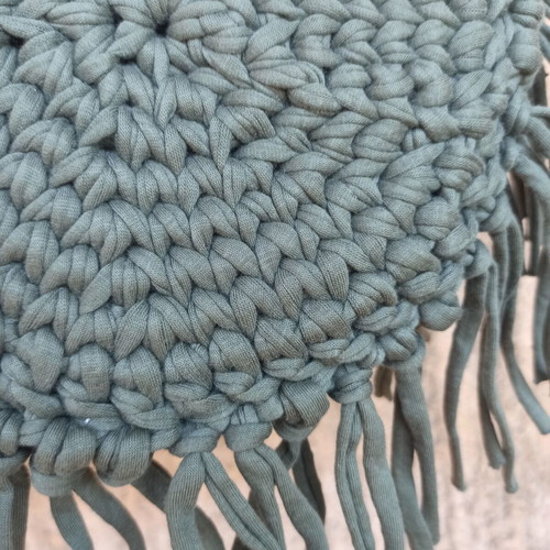 Knitted cotton crossbody bag khaki 19x19cm with fringes new