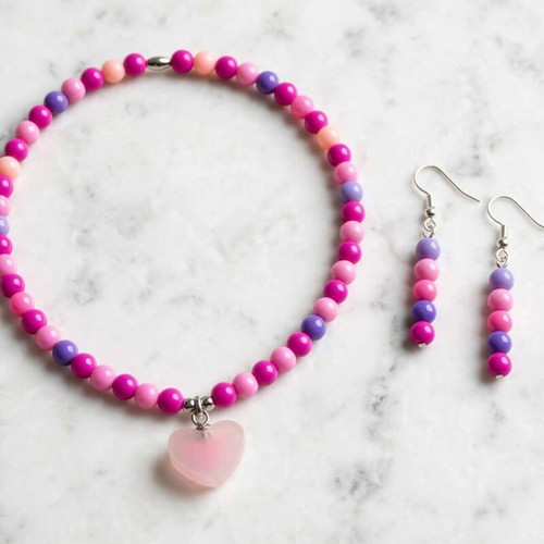 Summer necklace and earrings set handmade in pink and purple