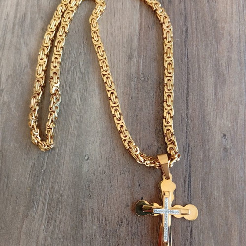 Men's thick stainless steel chain necklace with cross, 60 cm