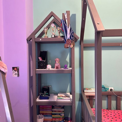 Montessori style children's bed and bookshelf set, gray wood